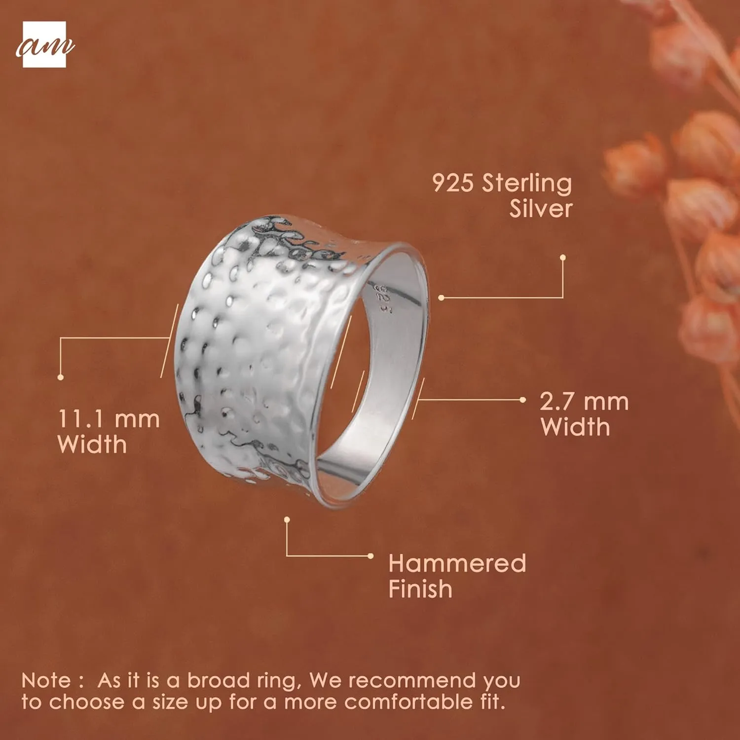 Amberta Women's 925 Sterling Silver Hammered Ring