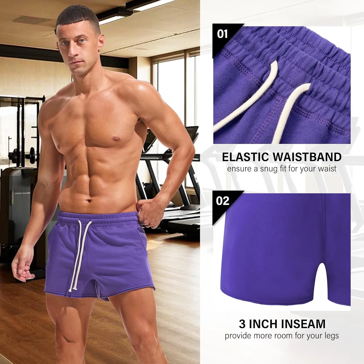 AMY COULEE Mens Workout Shorts 3 inch Cotton Gym Shorts Casual Terry Shorts with Pockets