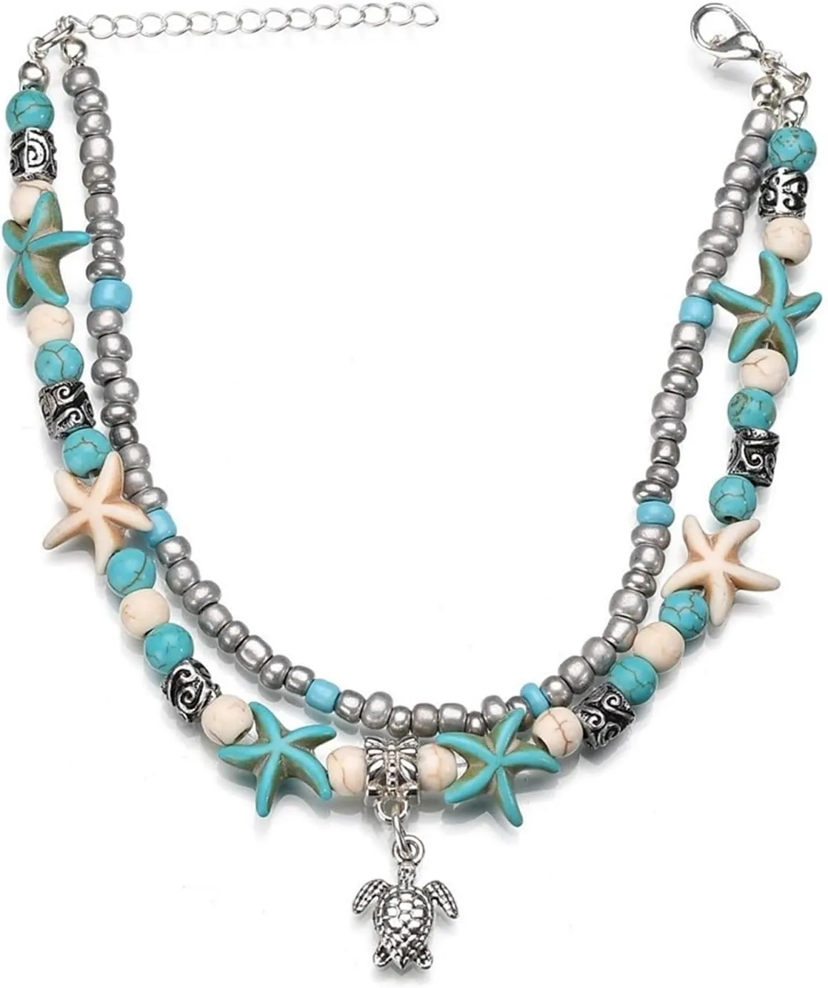 Anklets for Men, Chain Link Anklet 2 Layer Starfish Shell Beads Blue White Alloy 22 4.5cm