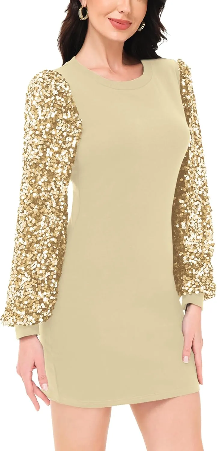 Anna-Kaci Womens Long Sleeve Sequin Party Bodycon Dress Cocktail Sparkle Wedding Evening Clubwear A Line Mini Short Dress