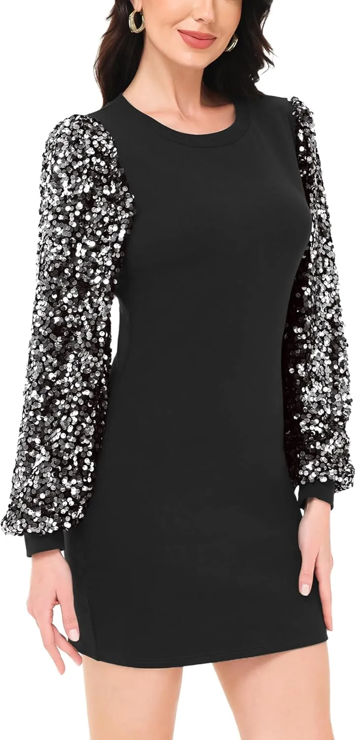 Anna-Kaci Womens Long Sleeve Sequin Party Bodycon Dress Cocktail Sparkle Wedding Evening Clubwear A Line Mini Short Dress