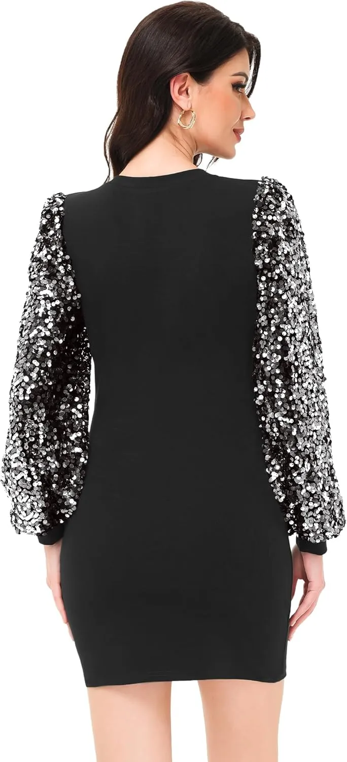 Anna-Kaci Womens Long Sleeve Sequin Party Bodycon Dress Cocktail Sparkle Wedding Evening Clubwear A Line Mini Short Dress