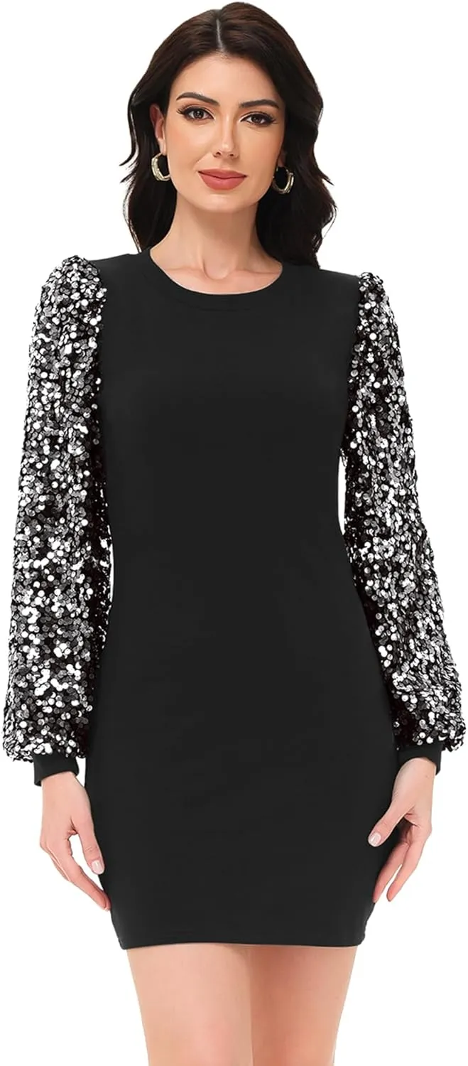 Anna-Kaci Womens Long Sleeve Sequin Party Bodycon Dress Cocktail Sparkle Wedding Evening Clubwear A Line Mini Short Dress