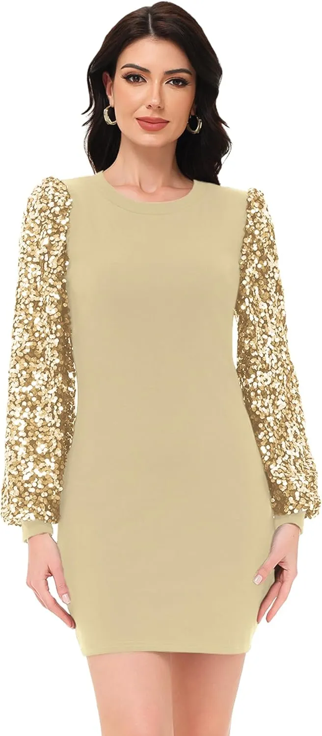 Anna-Kaci Womens Long Sleeve Sequin Party Bodycon Dress Cocktail Sparkle Wedding Evening Clubwear A Line Mini Short Dress