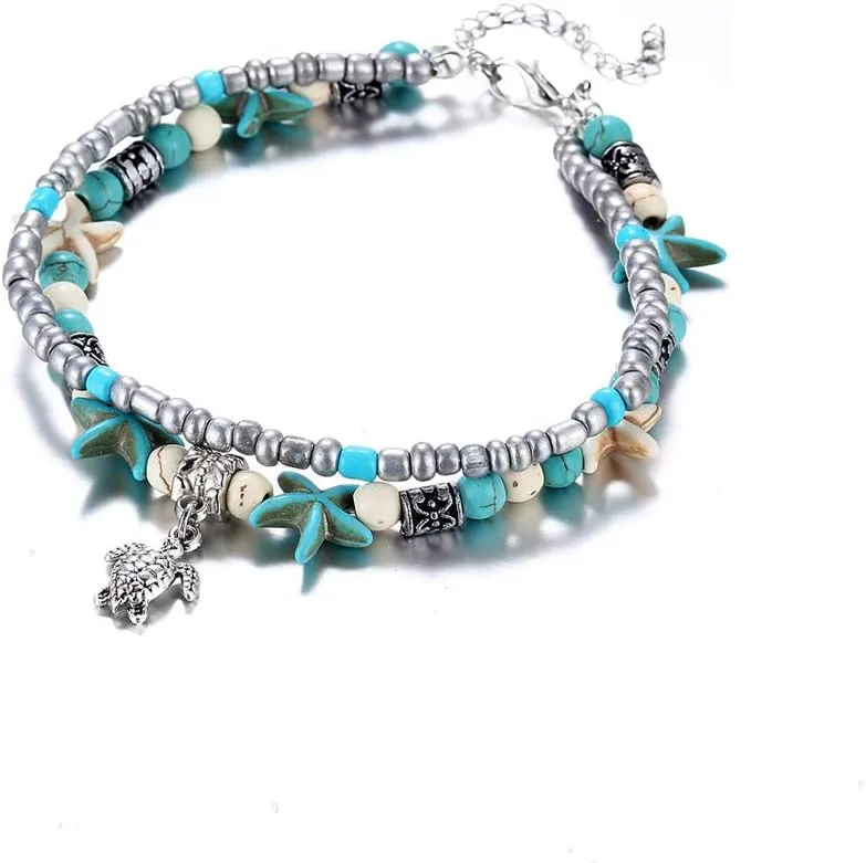 ASHMITA Blue Turtle Ankle Bracelet Set Multilayer Beads Handmade Boho Beach Anklet Foot Jewelry Women