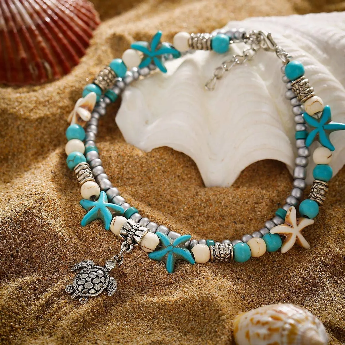 ASHMITA Blue Turtle Ankle Bracelet Set Multilayer Beads Handmade Boho Beach Anklet Foot Jewelry Women