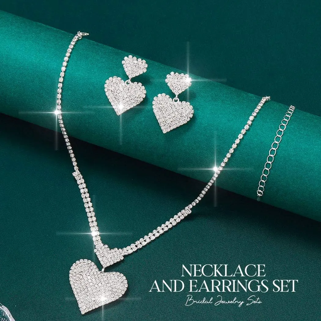 Aukmla Rhinestone Wedding Jewelry Set Silver Heart Necklace Earring Sets Prom Jewelry for Women and Brides