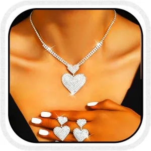 Aukmla Rhinestone Wedding Jewelry Set Silver Heart Necklace Earring Sets Prom Jewelry for Women and Brides