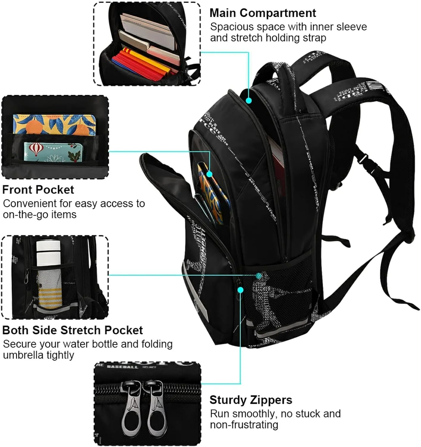 Base Ball Batter Backpack Baseball Batter Kids Backpacks Laptop Bag 16 inch Casual Daypack Back Pack Double Zipper Travel Sports Bags with Adjustable Shoulder Strap Backpack for Teens Girls Boys