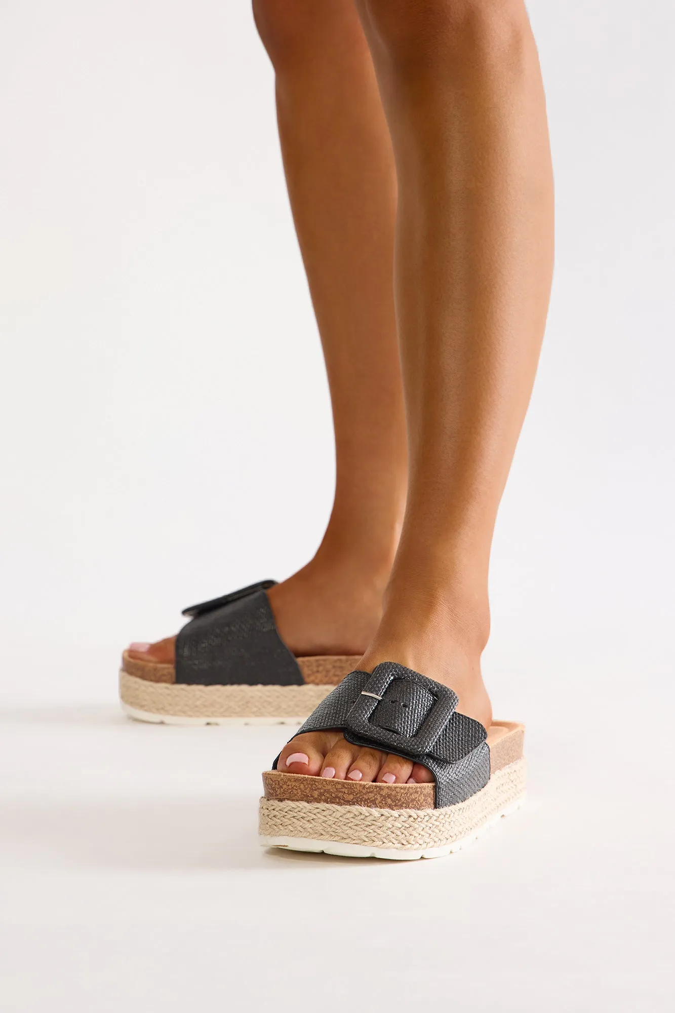 Beachcomber Raffia Buckle Sandals - Black