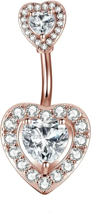 Belly Button Rings, Copper Double Heart with Cubic Zirconia Navel Jewelry, Piercing Body Jewelry for Women