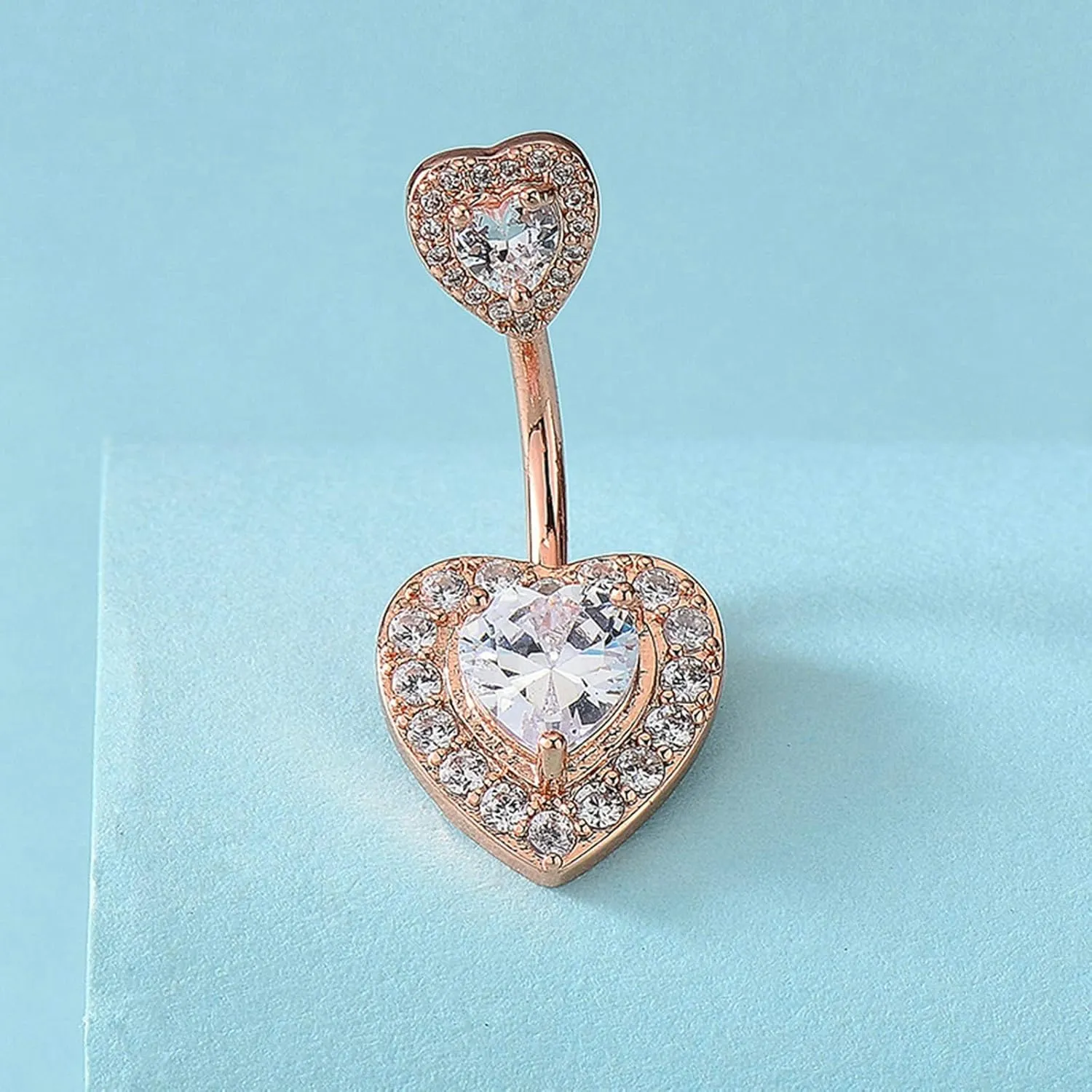 Belly Button Rings, Copper Double Heart with Cubic Zirconia Navel Jewelry, Piercing Body Jewelry for Women