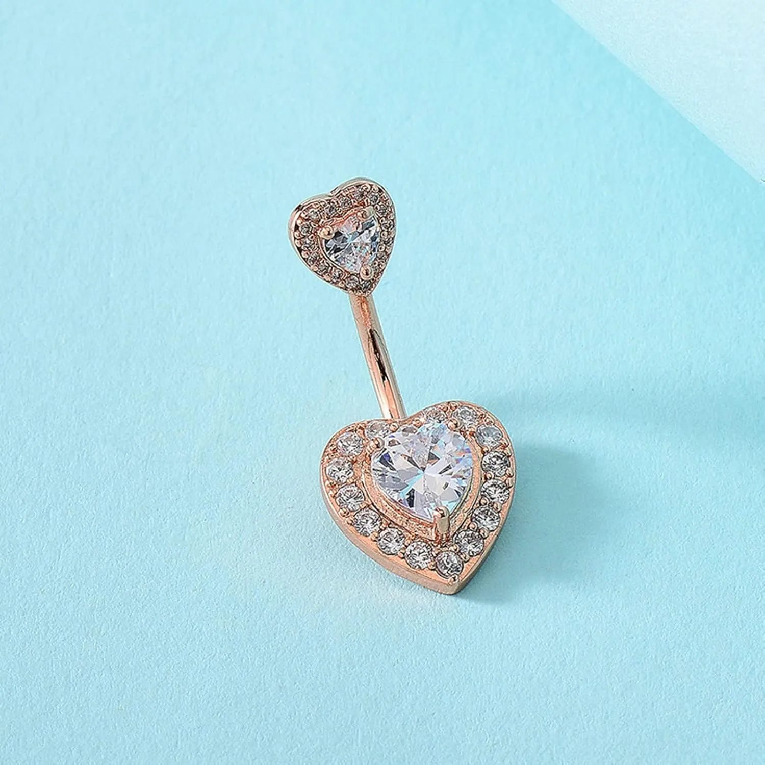 Belly Button Rings, Copper Double Heart with Cubic Zirconia Navel Jewelry, Piercing Body Jewelry for Women