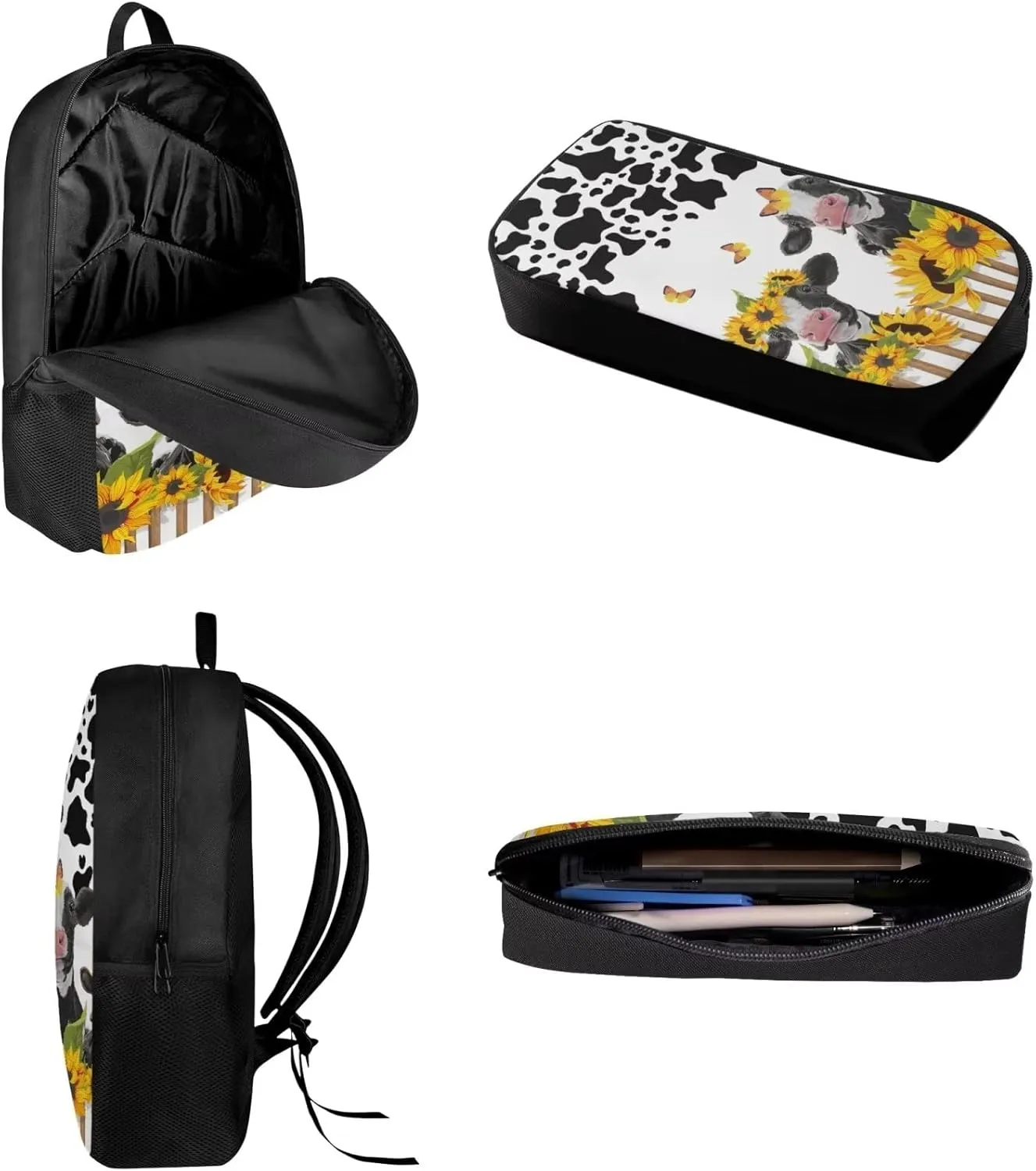 Black & White Cow Sunflower Butterfly Kids School Backpack Set 3 In 1, School Bags with Lunch Box and Pencil Pouch Anti Theft Rucksack Backpack for Men Women Computer Laptop Tablet Bag