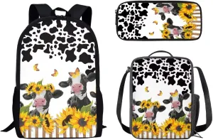 Black & White Cow Sunflower Butterfly Kids School Backpack Set 3 In 1, School Bags with Lunch Box and Pencil Pouch Anti Theft Rucksack Backpack for Men Women Computer Laptop Tablet Bag
