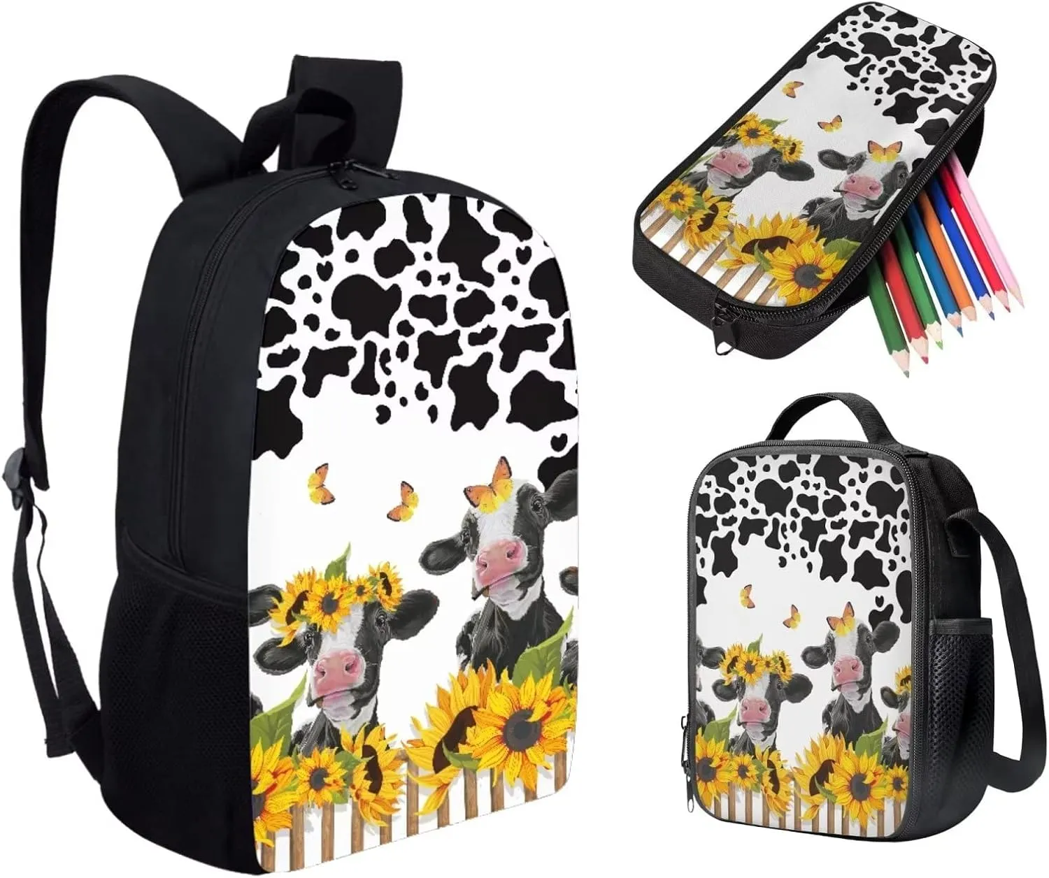 Black & White Cow Sunflower Butterfly Kids School Backpack Set 3 In 1, School Bags with Lunch Box and Pencil Pouch Anti Theft Rucksack Backpack for Men Women Computer Laptop Tablet Bag
