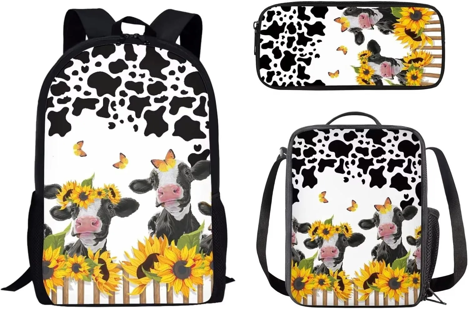 Black & White Cow Sunflower Butterfly Kids School Backpack Set 3 In 1, School Bags with Lunch Box and Pencil Pouch Anti Theft Rucksack Backpack for Men Women Computer Laptop Tablet Bag