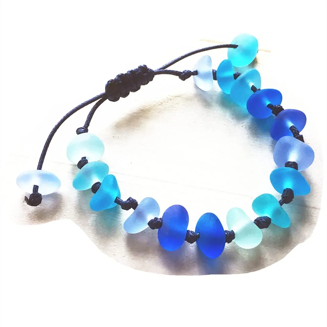 Blue Sea Glass Bracelet, Adjustable String Knot Sennit Bracelet, Sea Glass Jewelry, Beach Glass, Marine Jewelry