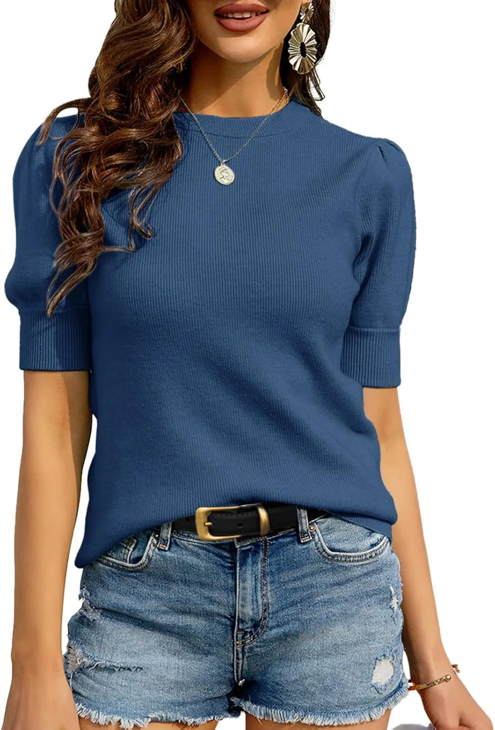 Bodosalia Womens Puff Short Sleeve Sweater Casual Summer Crew Neck Pullover Tops Ribbed Knit Sweater Blouse