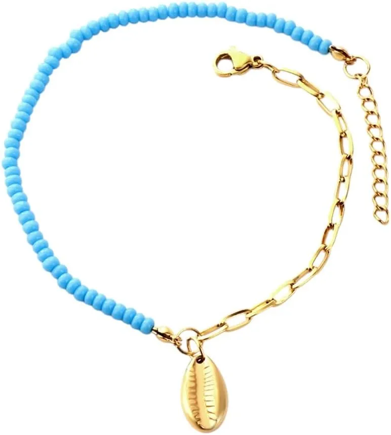 Bohemian Beads Shell Pendant Anklets For Women Stainless Steel Cable Link Ankle Bracelet Beach Sandals Accessorie