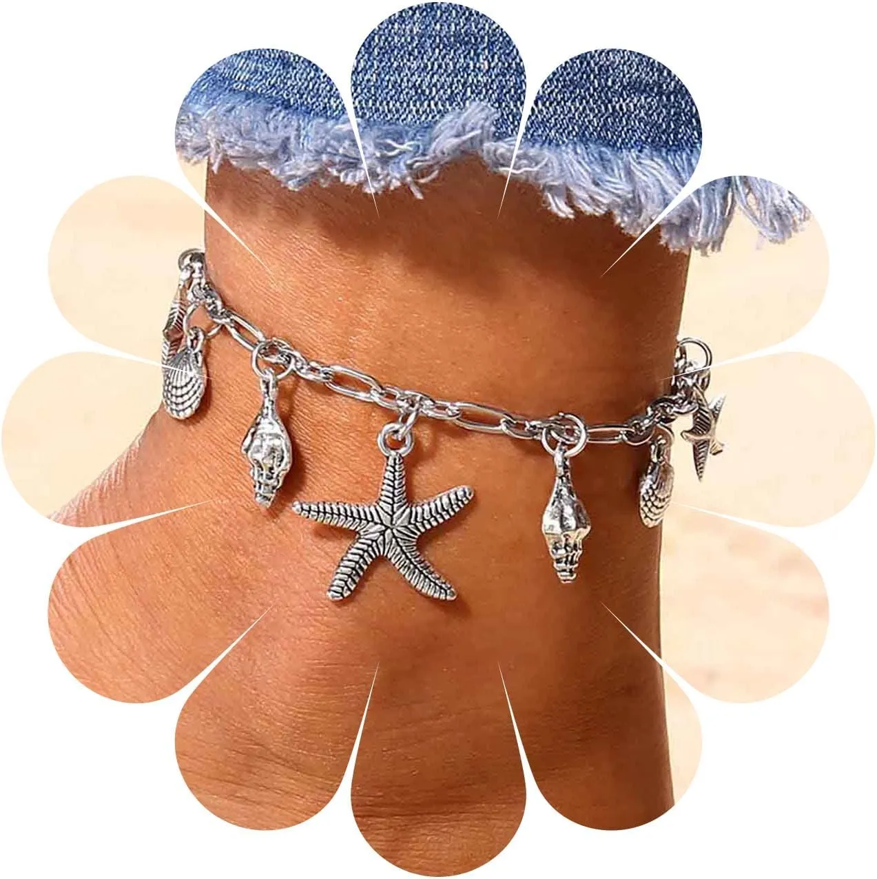 Bohemian Starfish Paperclip Chain Anklet Silver Cowrie Shell Ankle Bracelet Starfish Shell Dangle Ankle Foot Chain Sea Star Ankle Chain Bracelet Jewelry for Women