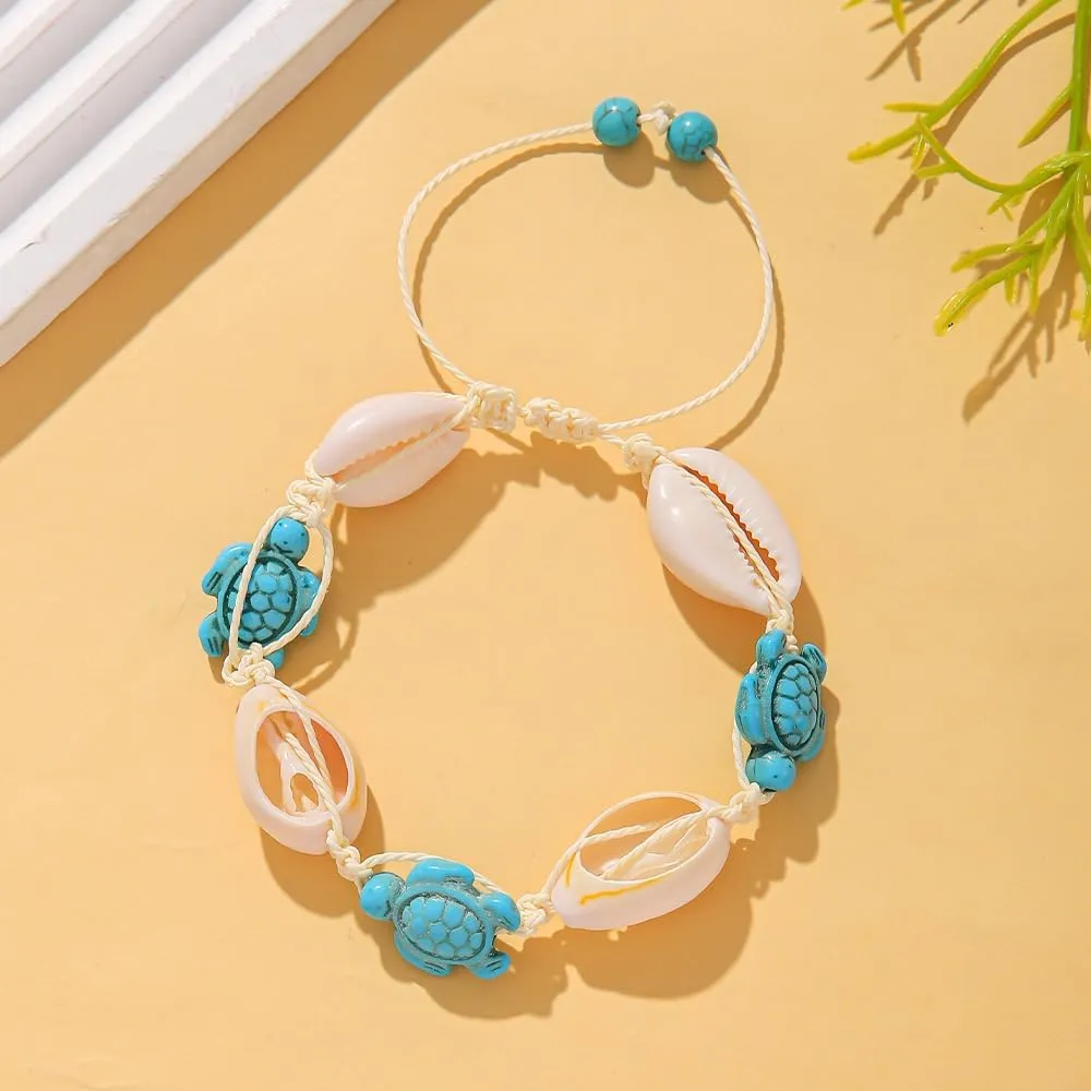 Boho Natural Shell Charm Bracelet Handmade Seashell Turtle Starfish Cross Adjustable Woven Bracelets Anklets for Women Summer Beach Hawaiian Vacation Jewelry