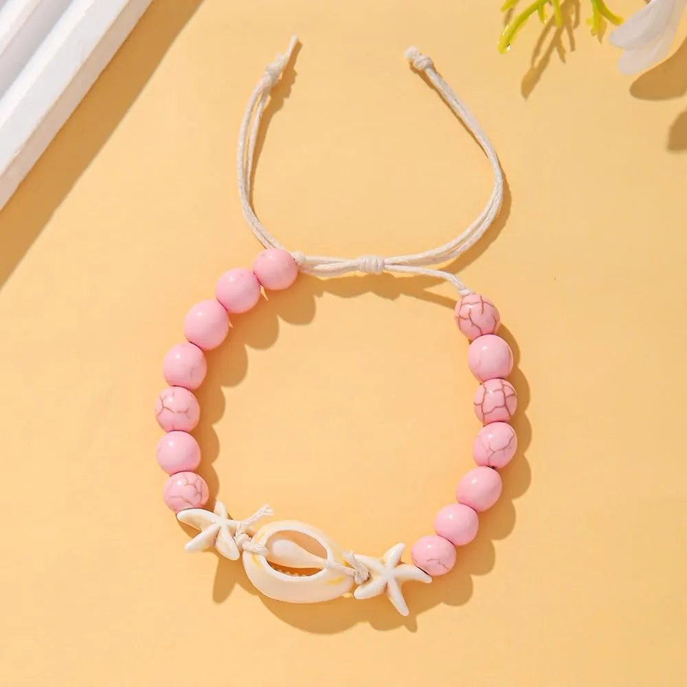 Boho Natural Shell Charm Bracelet Handmade Seashell Turtle Starfish Cross Adjustable Woven Bracelets Anklets for Women Summer Beach Hawaiian Vacation Jewelry