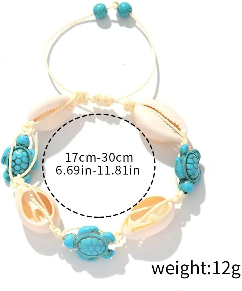 Boho Natural Shell Charm Bracelet Handmade Seashell Turtle Starfish Cross Adjustable Woven Bracelets Anklets for Women Summer Beach Hawaiian Vacation Jewelry