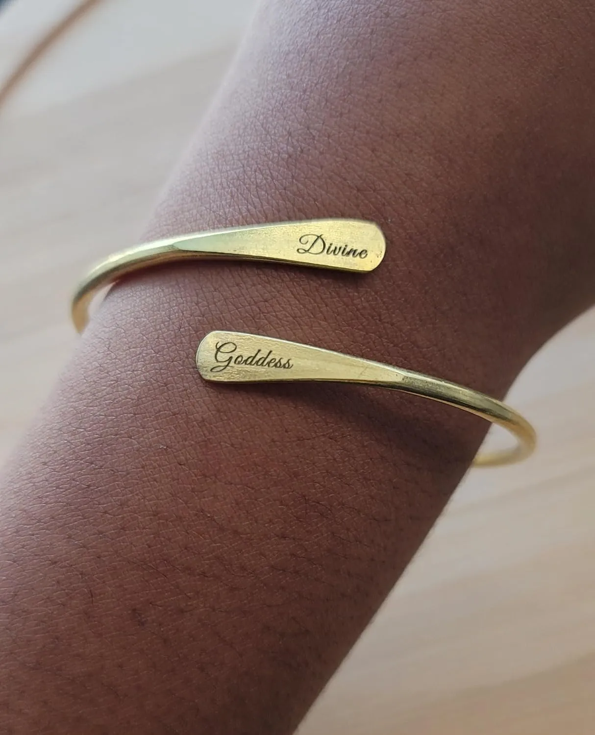 Brass Cuff Bracelets Set, African Brass Bangles For Women, Hammered Ends Stacking Bracelets, Boho Tribal Cultural Jewelry (1 Raw Brass Divine Goddess Engraved)