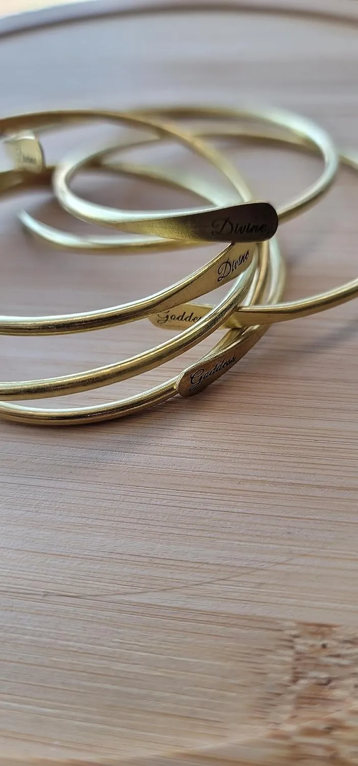Brass Cuff Bracelets Set, African Brass Bangles For Women, Hammered Ends Stacking Bracelets, Boho Tribal Cultural Jewelry (1 Raw Brass Divine Goddess Engraved)