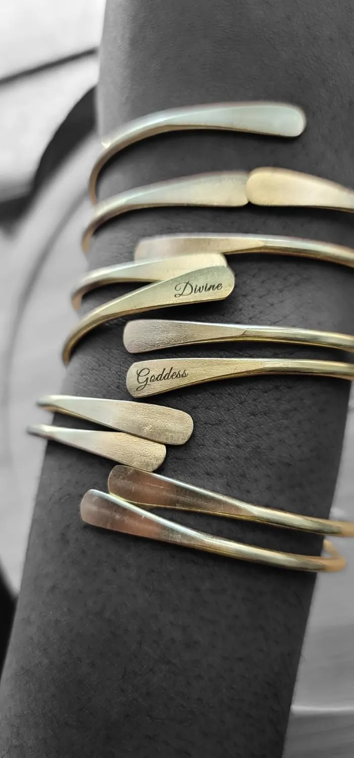 Brass Cuff Bracelets Set, African Brass Bangles For Women, Hammered Ends Stacking Bracelets, Boho Tribal Cultural Jewelry (1 Raw Brass Divine Goddess Engraved)