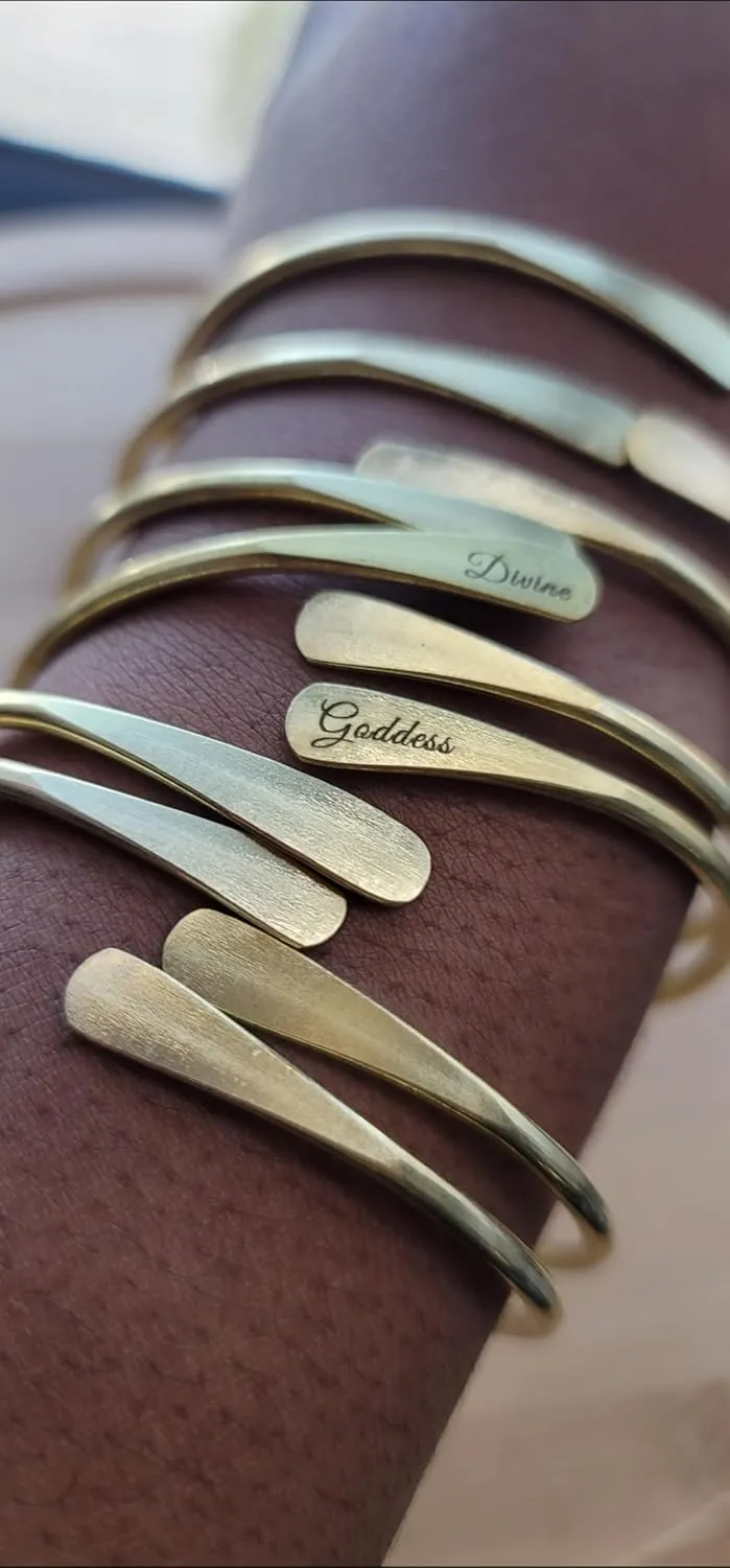 Brass Cuff Bracelets Set, African Brass Bangles For Women, Hammered Ends Stacking Bracelets, Boho Tribal Cultural Jewelry (1 Raw Brass Divine Goddess Engraved)