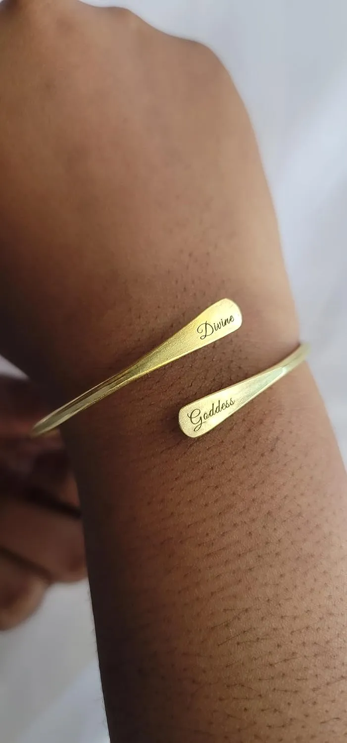 Brass Cuff Bracelets Set, African Brass Bangles For Women, Hammered Ends Stacking Bracelets, Boho Tribal Cultural Jewelry (1 Raw Brass Divine Goddess Engraved)