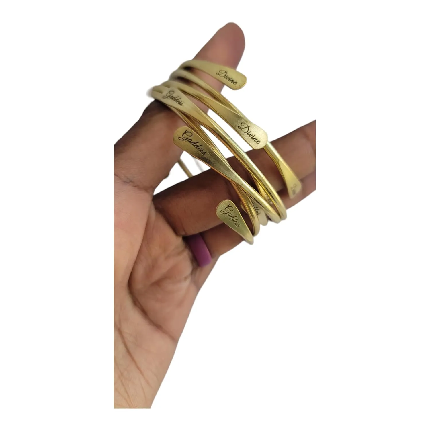 Brass Cuff Bracelets Set, African Brass Bangles For Women, Hammered Ends Stacking Bracelets, Boho Tribal Cultural Jewelry (1 Raw Brass Divine Goddess Engraved)