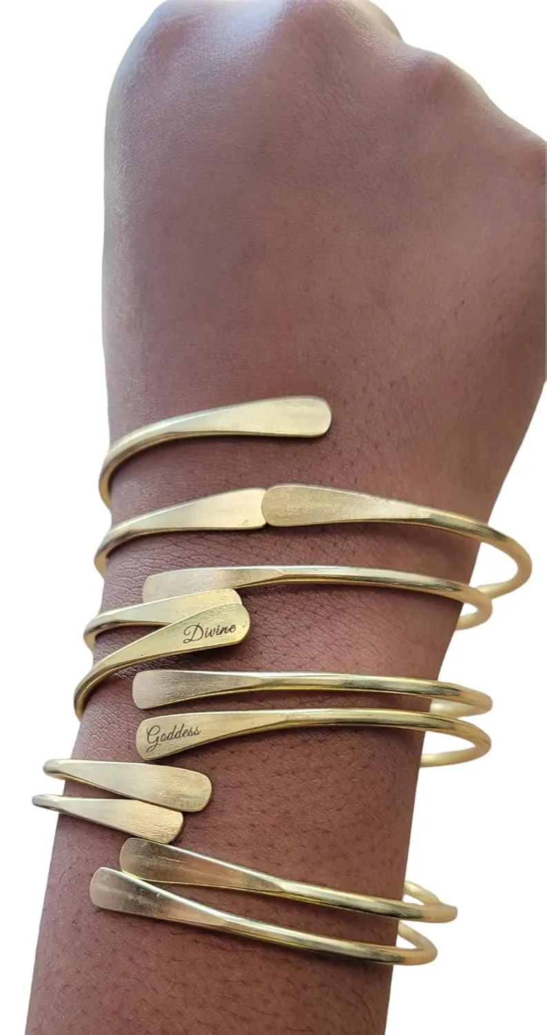 Brass Cuff Bracelets Set, African Brass Bangles For Women, Hammered Ends Stacking Bracelets, Boho Tribal Cultural Jewelry (1 Raw Brass Divine Goddess Engraved)