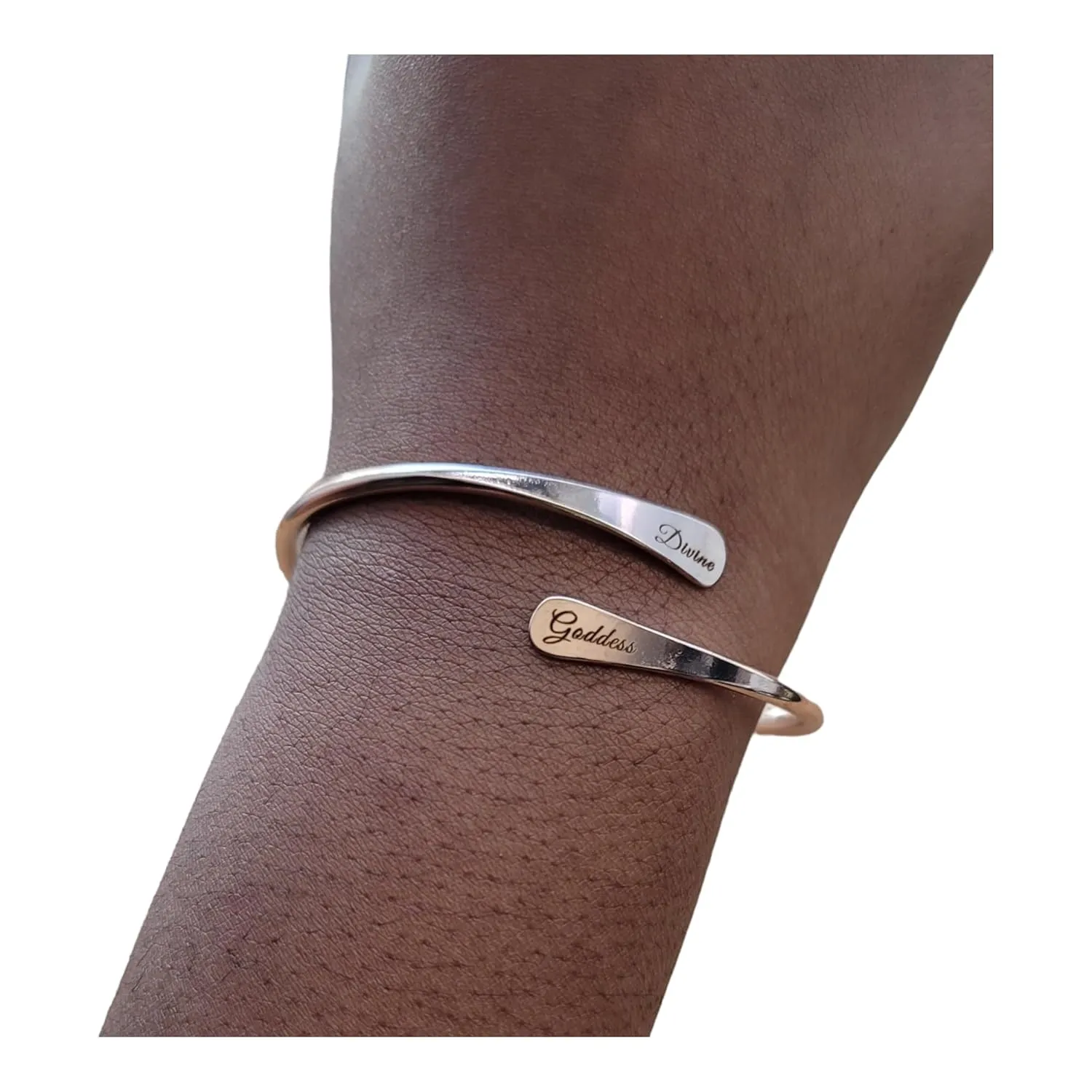 Brass Cuff Bracelets Set, African Brass Bangles For Women, Hammered Ends Stacking Bracelets, Boho Tribal Cultural Jewelry (1 Rose Gold Plated Divine Goddess Engraved)