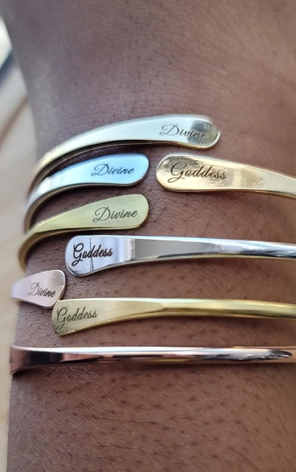 Brass Cuff Bracelets Set, African Brass Bangles For Women, Hammered Ends Stacking Bracelets, Boho Tribal Cultural Jewelry (1 Rose Gold Plated Divine Goddess Engraved)