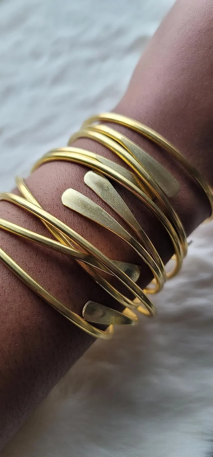 Brass Cuff Bracelets Set, African Brass Bangles For Women, Hammered Ends Stacking Bracelets, Boho Tribal Cultural Jewelry (Gold Plated Set Of 2)