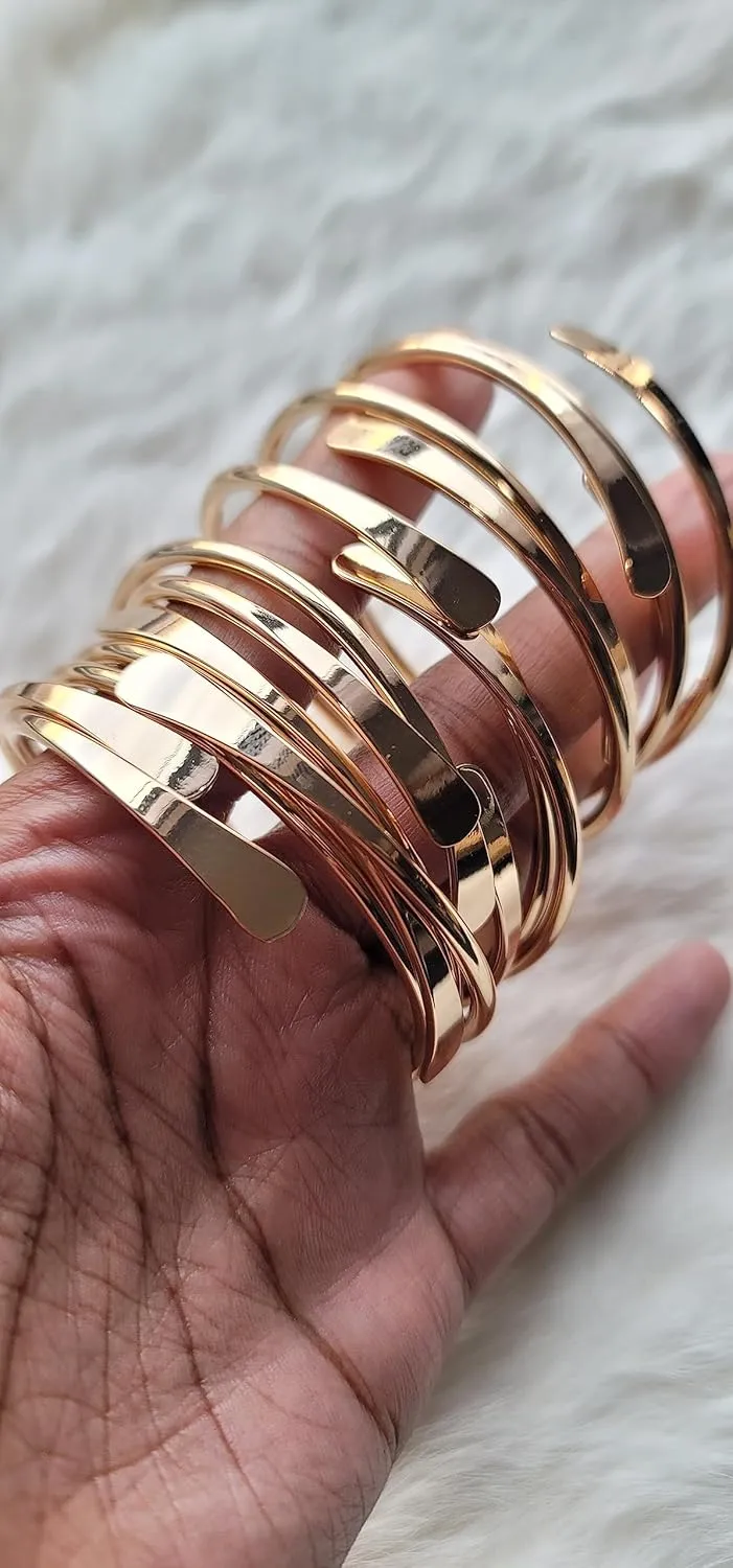 Brass Cuff Bracelets Set, African Brass Bangles For Women, Hammered Ends Stacking Bracelets, Boho Tribal Cultural Jewelry (Gold Plated Set Of 2)