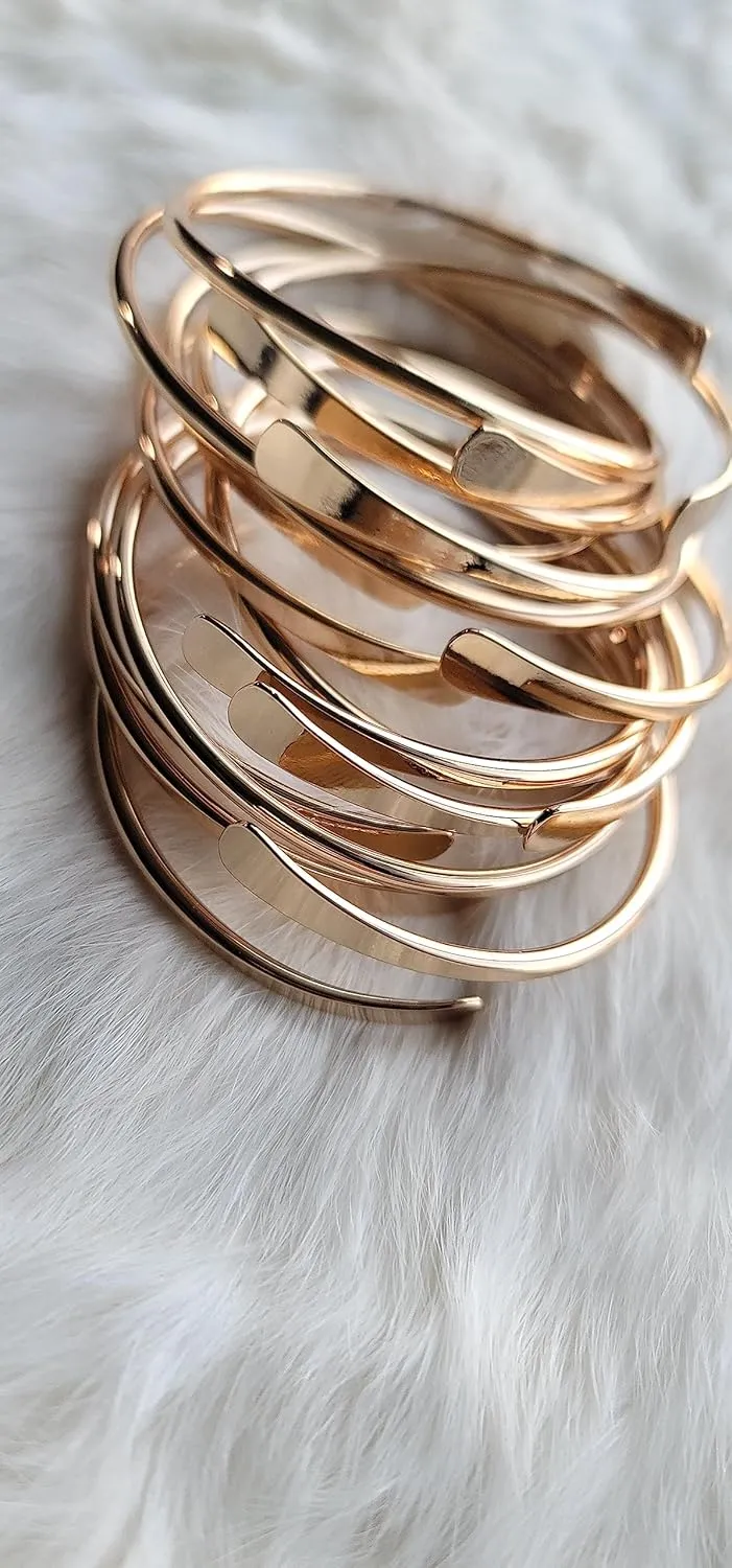 Brass Cuff Bracelets Set, African Brass Bangles For Women, Hammered Ends Stacking Bracelets, Boho Tribal Cultural Jewelry (Gold Plated Set Of 2)