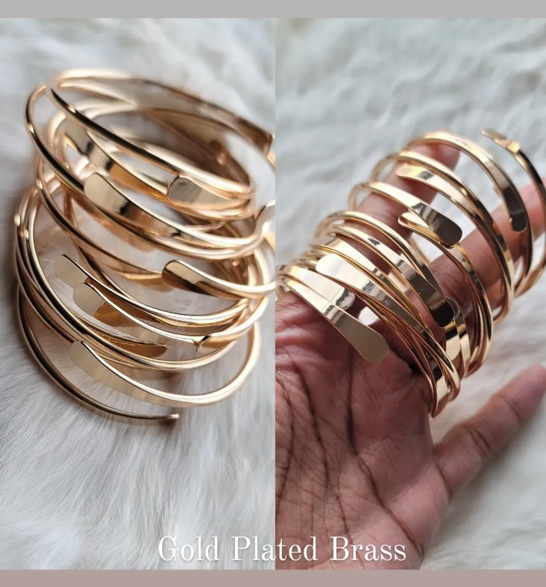 Brass Cuff Bracelets Set, African Brass Bangles For Women, Hammered Ends Stacking Bracelets, Boho Tribal Cultural Jewelry (Gold Plated Set Of 2)