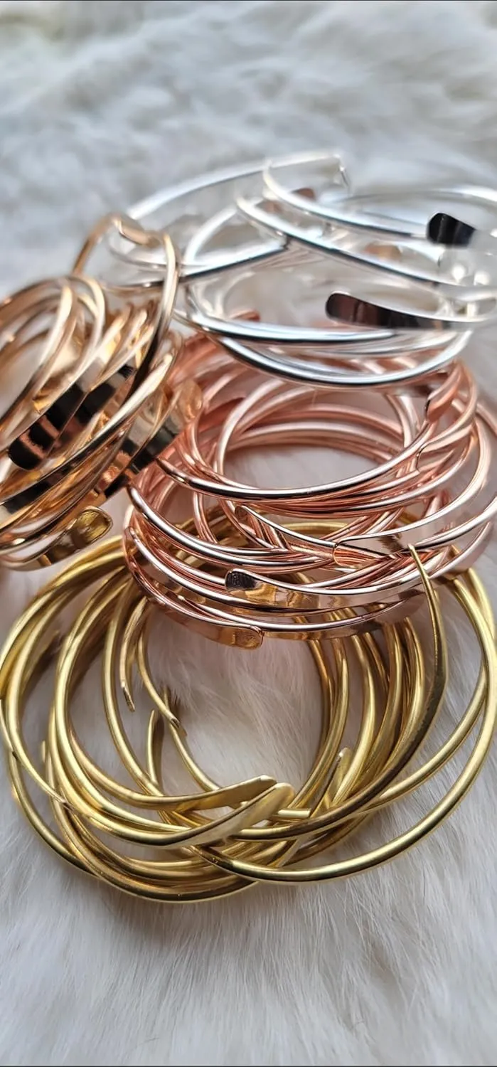 Brass Cuff Bracelets Set, African Brass Bangles For Women, Hammered Ends Stacking Bracelets, Boho Tribal Cultural Jewelry (Gold Plated Set Of 2)