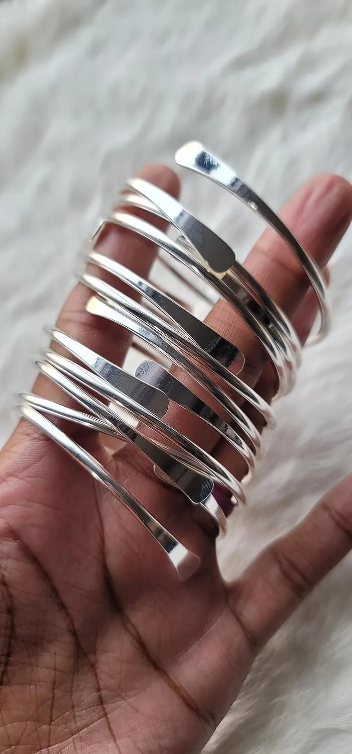 Brass Cuff Bracelets Set, African Brass Bangles For Women, Hammered Ends Stacking Bracelets, Boho Tribal Cultural Jewelry (Silver Plated Set Of 5)