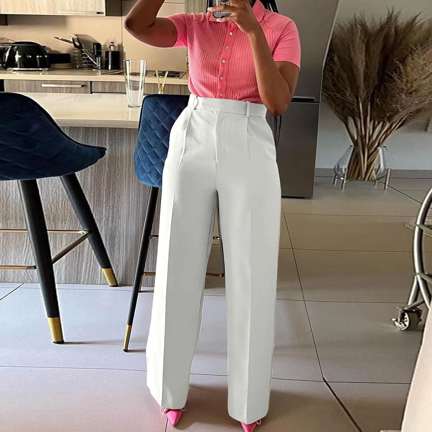 Business Casual Pants for Women Pull On Dress Pants Elastic Waist Work Pants Wide Leg Trousers Pants with Pockets