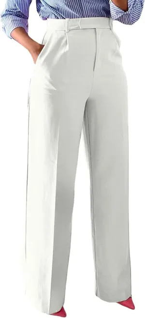 Business Casual Pants for Women Pull On Dress Pants Elastic Waist Work Pants Wide Leg Trousers Pants with Pockets