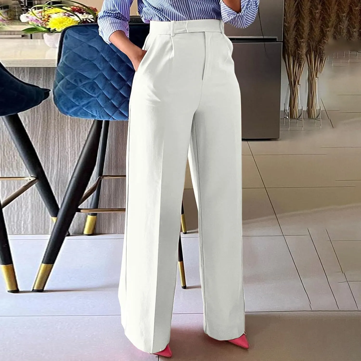 Business Casual Pants for Women Pull On Dress Pants Elastic Waist Work Pants Wide Leg Trousers Pants with Pockets