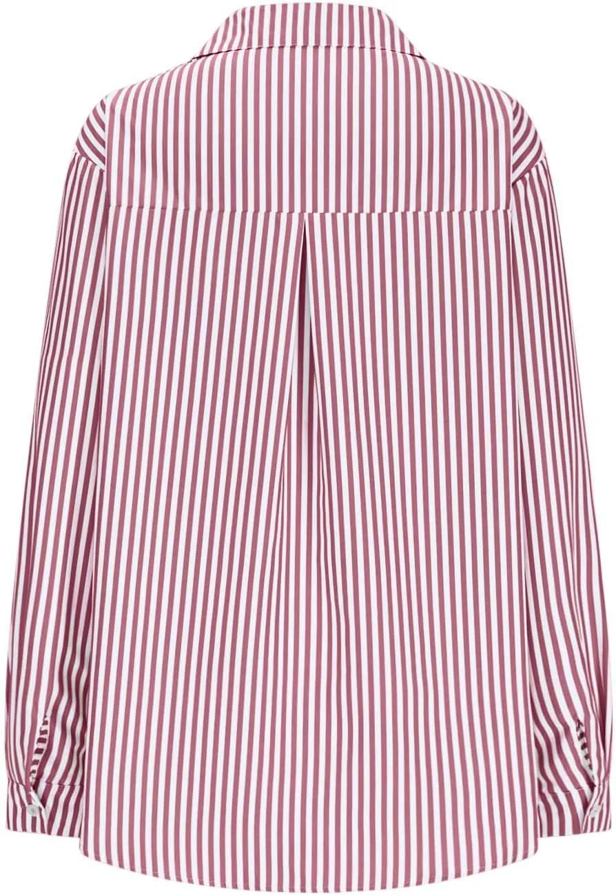 Button Down Dress Shirts for Women Classic Fit Vertical Striped Work Blouses Long Sleeve Business Office Tunic Tops