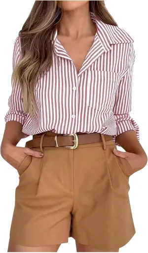 Button Down Dress Shirts for Women Classic Fit Vertical Striped Work Blouses Long Sleeve Business Office Tunic Tops