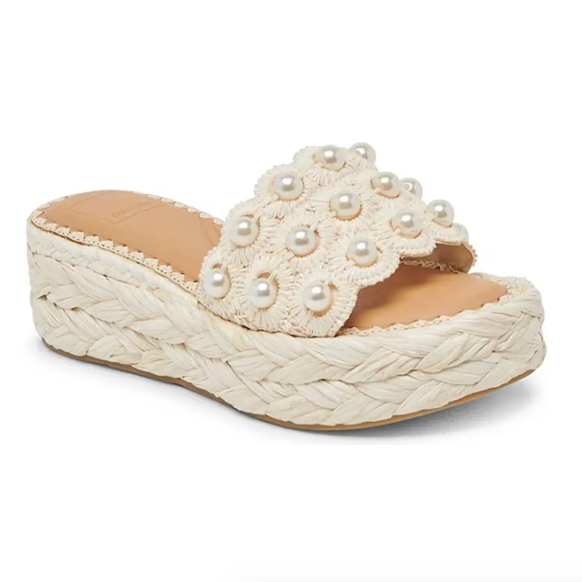 Caper Pearl Raffia Platform Slide Sandals, Vanilla