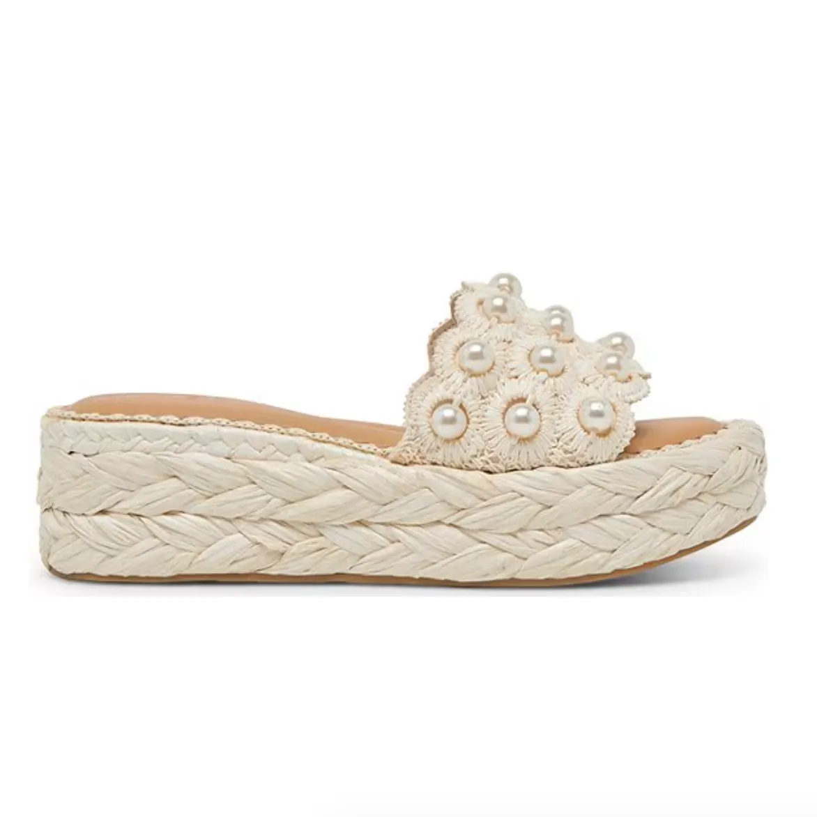 Caper Pearl Raffia Platform Slide Sandals, Vanilla